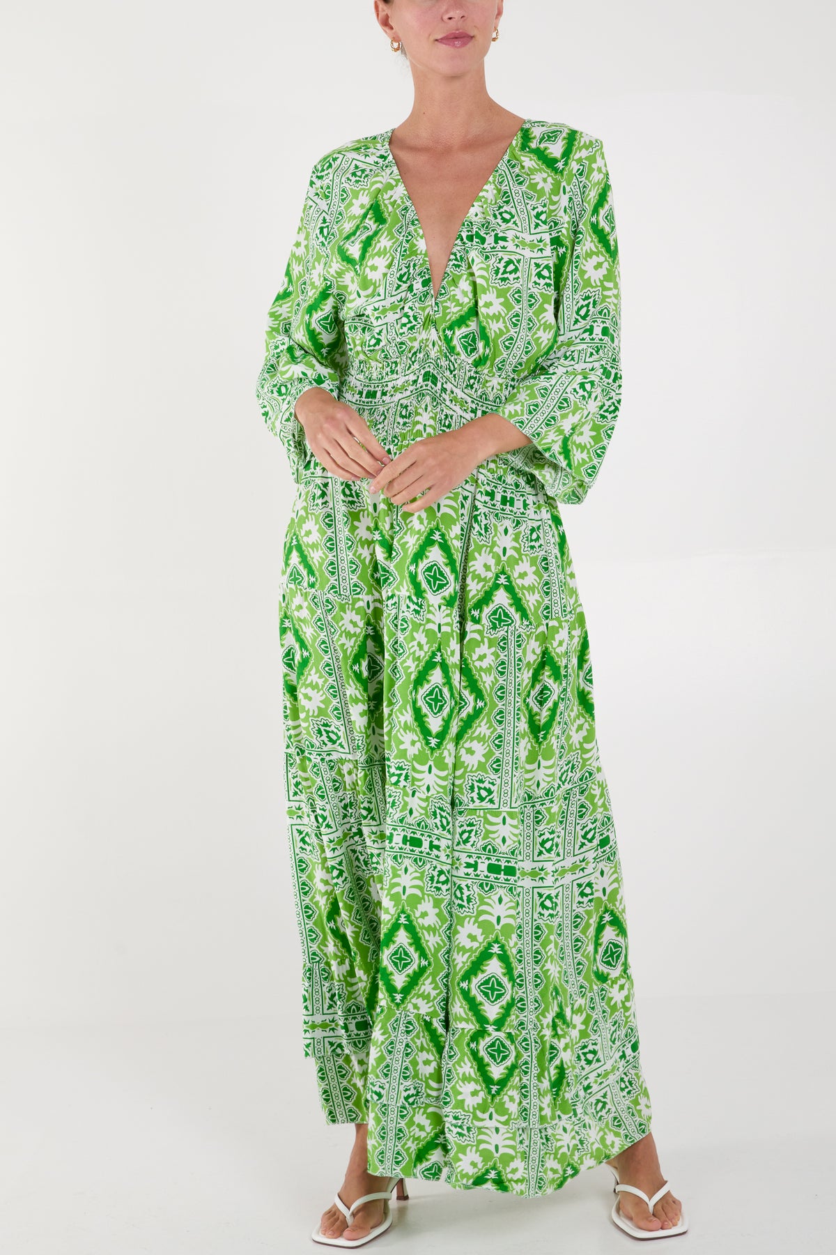 Tile Print Shirred Bodice Maxi Dress