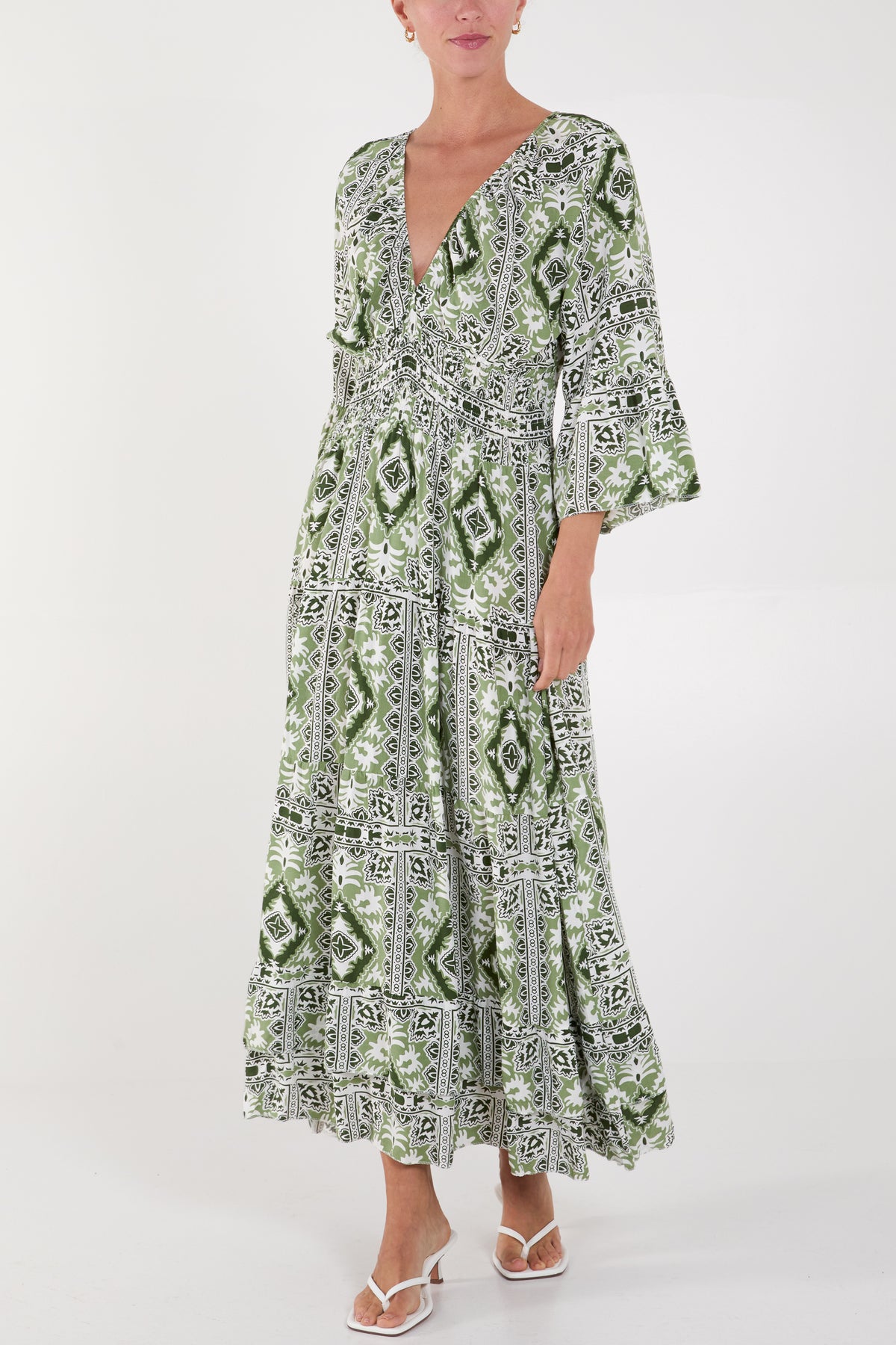 Tile Print Shirred Bodice Maxi Dress