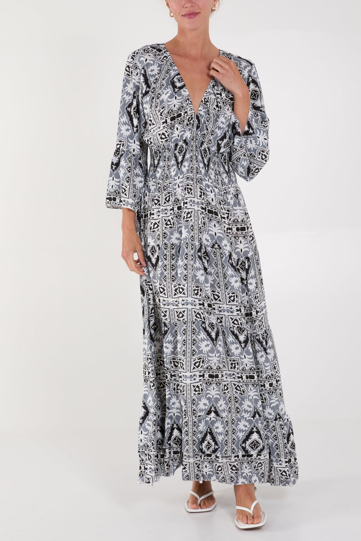 Tile Print Shirred Bodice Maxi Dress