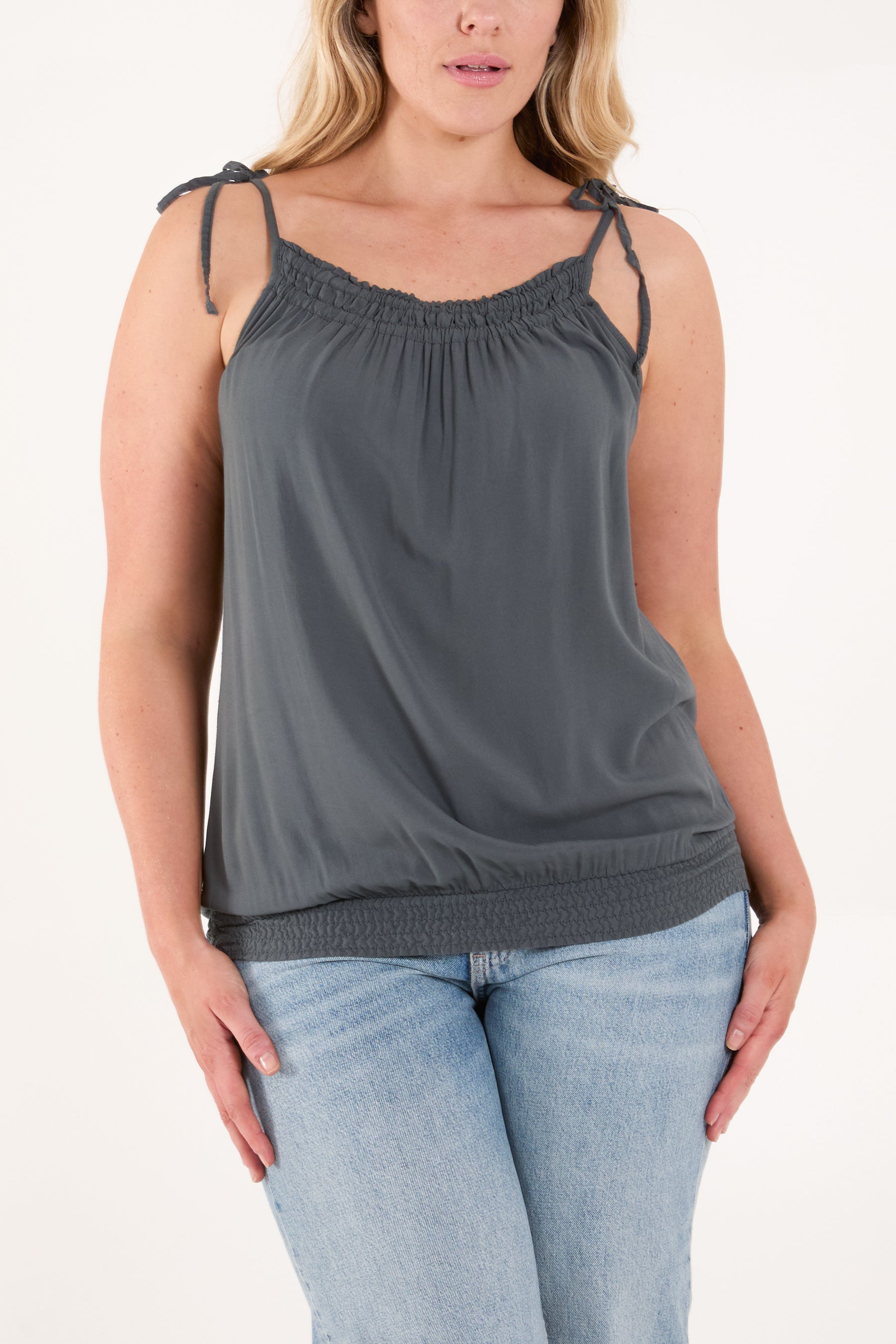 Bow Strap Shirred Hem Cami Top