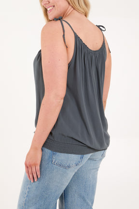 Bow Strap Shirred Hem Cami Top