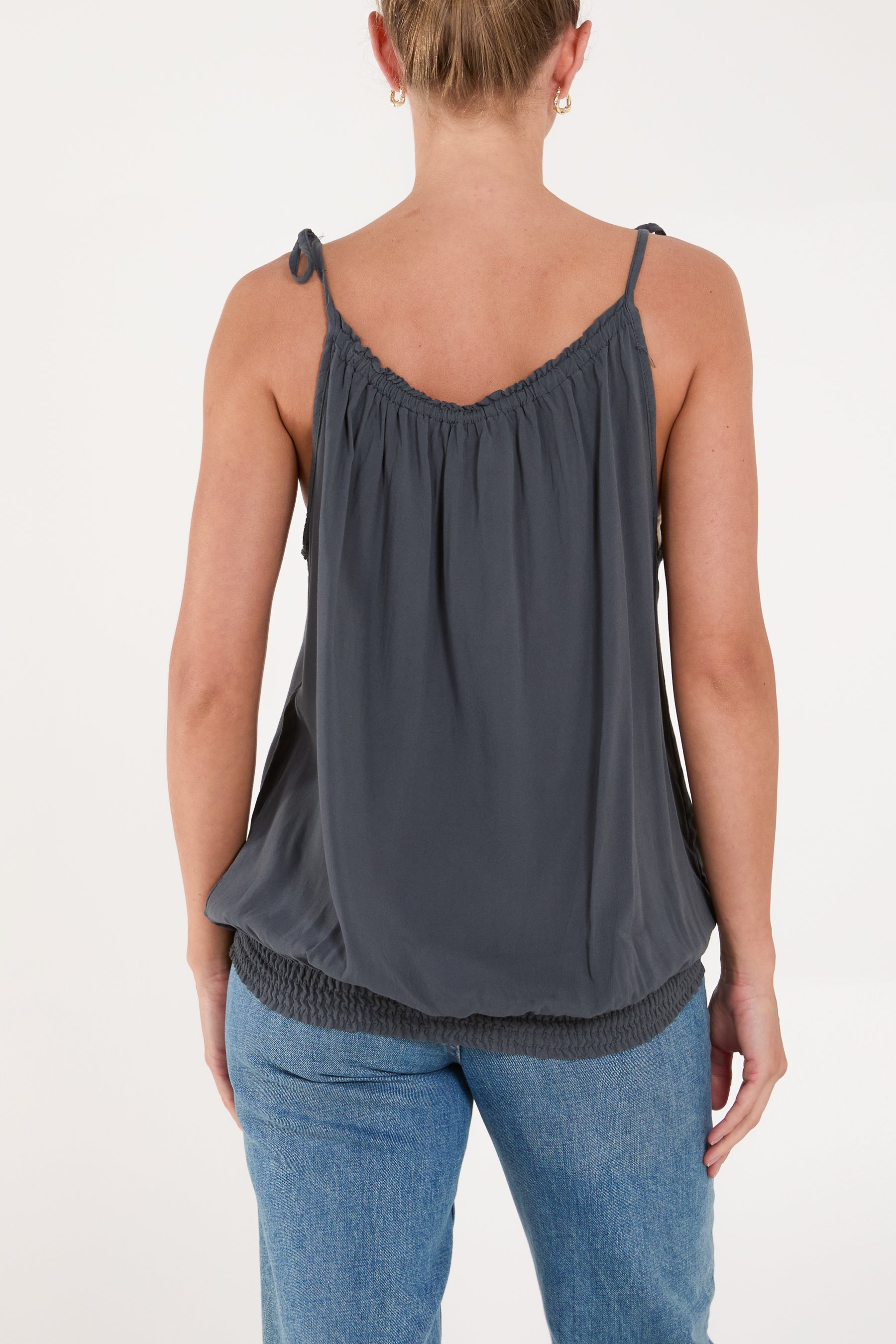 Bow Strap Shirred Hem Cami Top