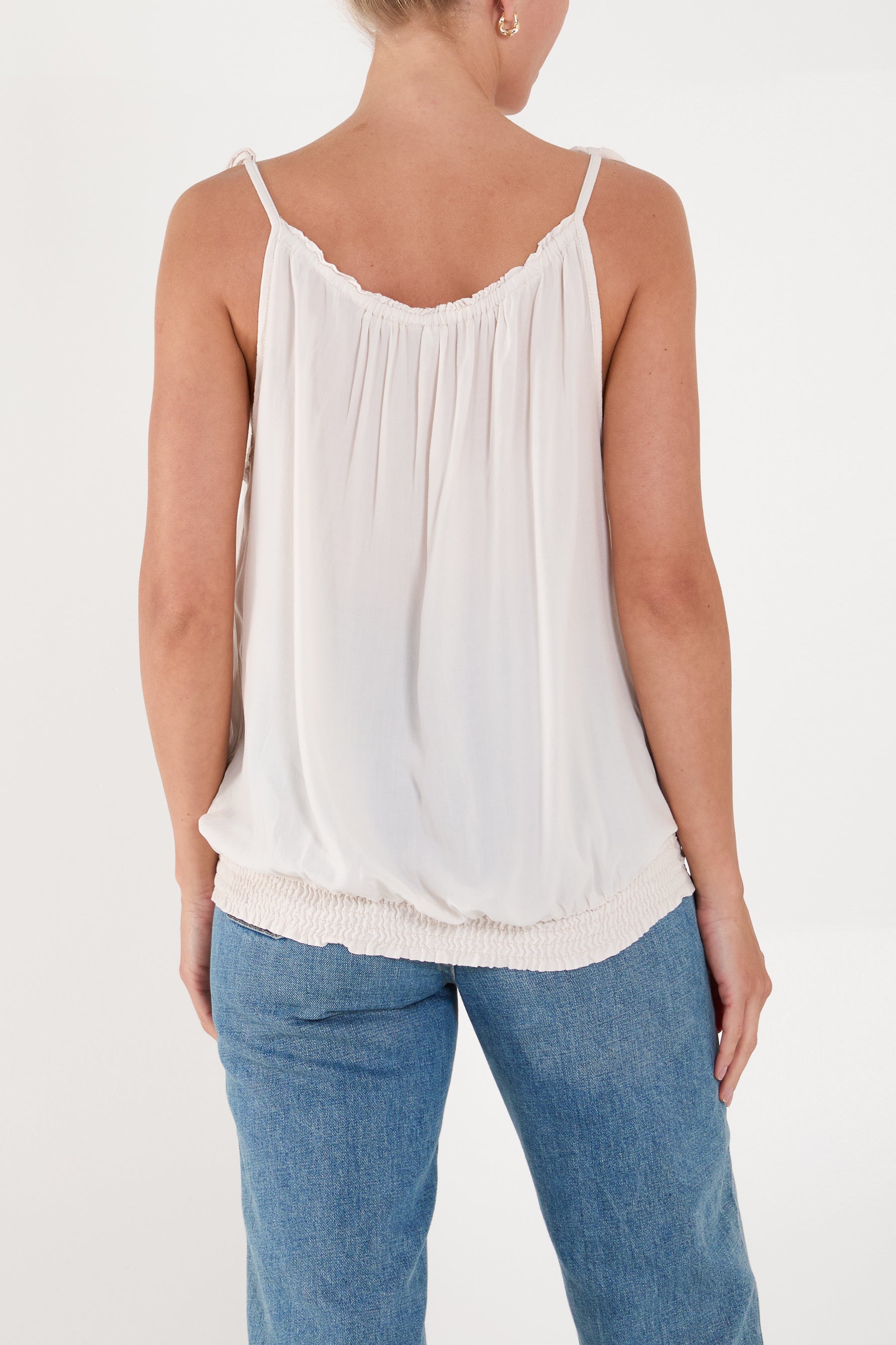 Bow Strap Shirred Hem Cami Top