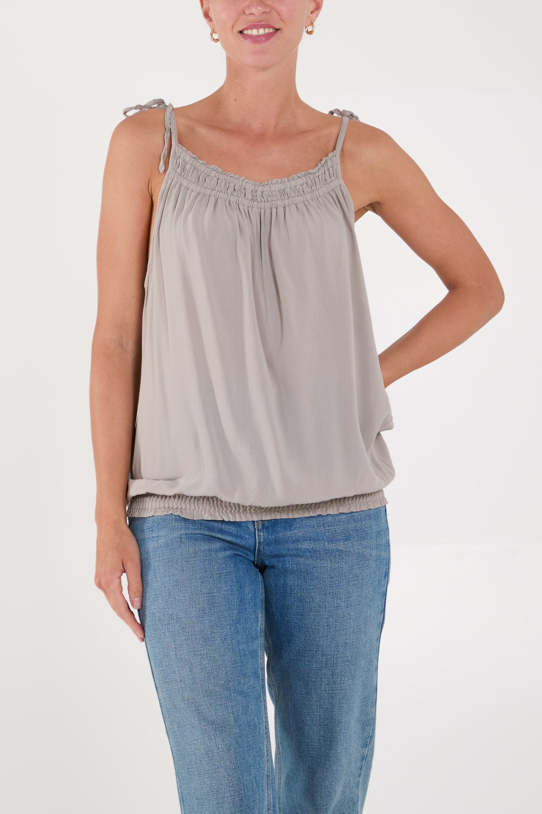 Bow Strap Shirred Hem Cami Top