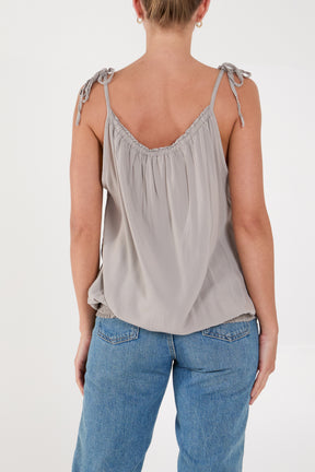 Bow Strap Shirred Hem Cami Top