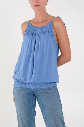 Bow Strap Shirred Hem Cami Top