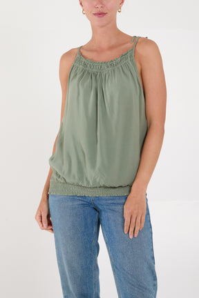 Bow Strap Shirred Hem Cami Top