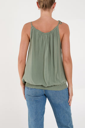 Bow Strap Shirred Hem Cami Top