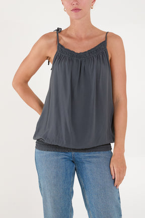 Bow Strap Shirred Hem Cami Top