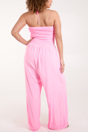 Halter Shirred Bodice Jumpsuit