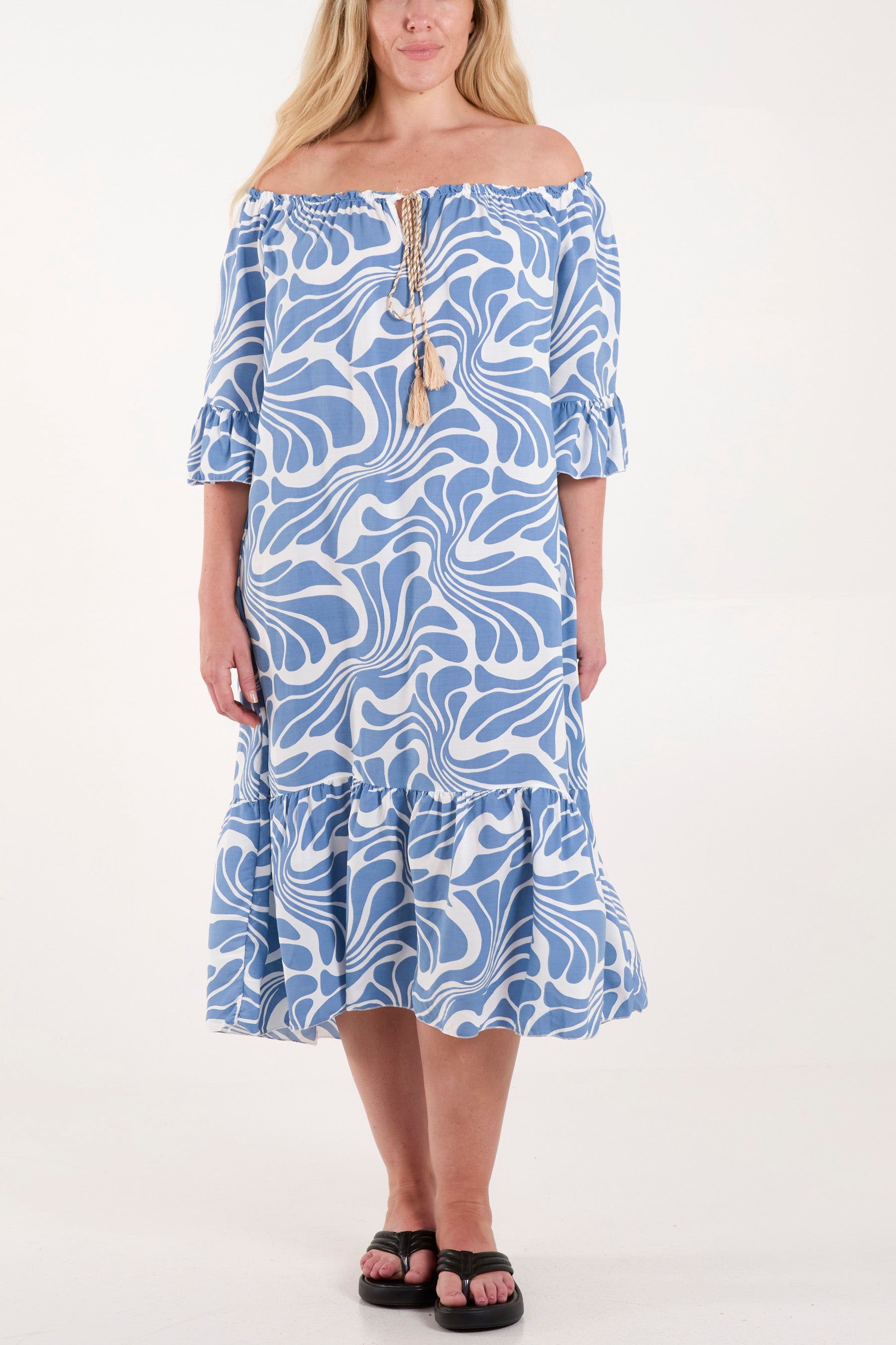 Swirl Print Bardot Midi Dress