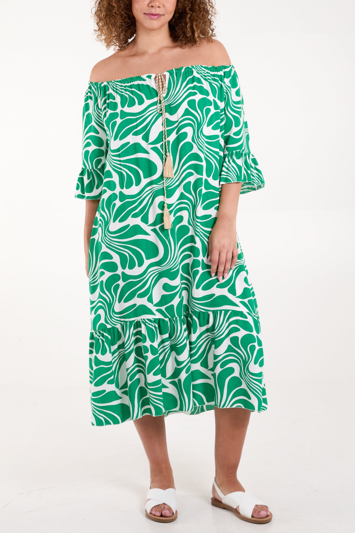 Swirl Print Bardot Midi Dress