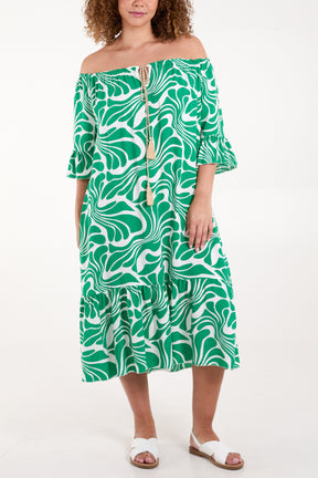 Swirl Print Bardot Midi Dress