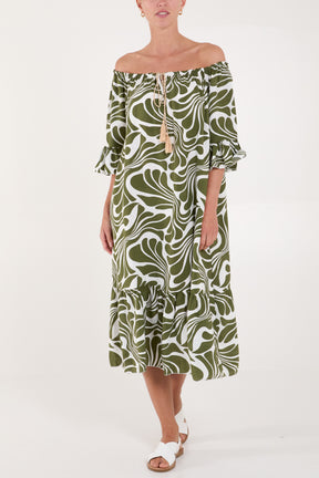 Swirl Print Bardot Midi Dress