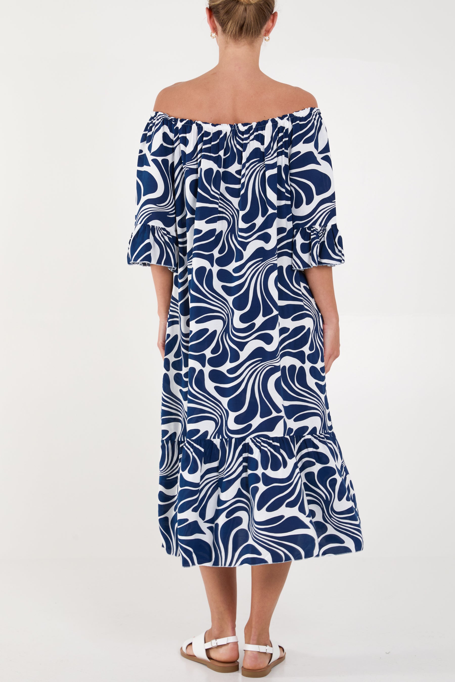 Swirl Print Bardot Midi Dress