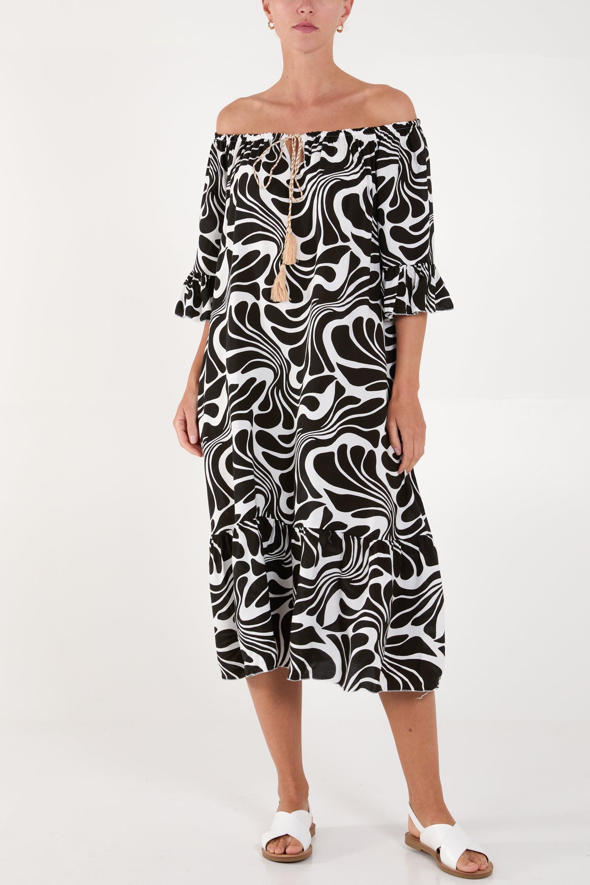 Swirl Print Bardot Midi Dress