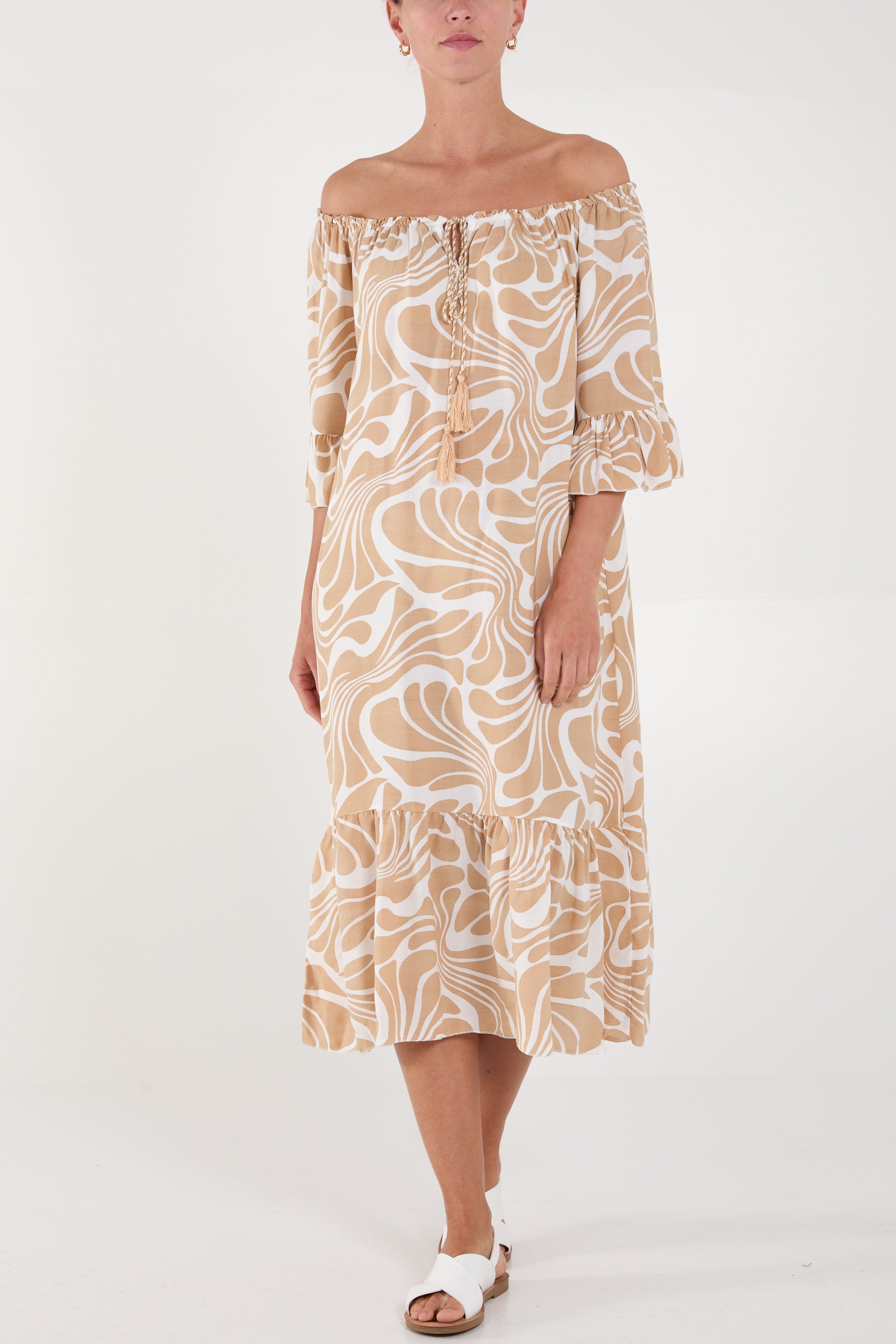 Swirl Print Bardot Midi Dress