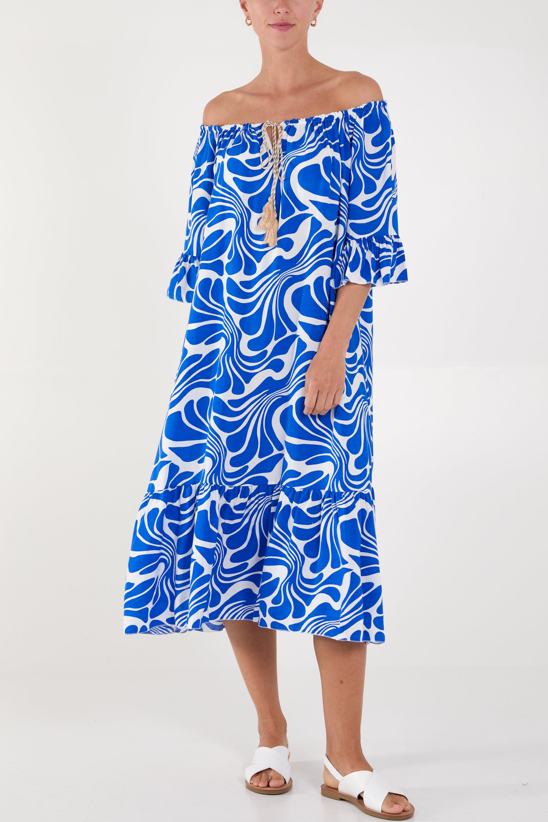 Swirl Print Bardot Midi Dress