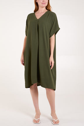 V-Neck Pockets Midi Dress