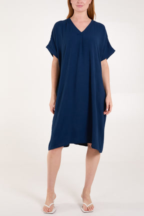 V-Neck Pockets Midi Dress