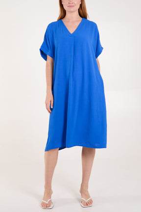 V-Neck Pockets Midi Dress