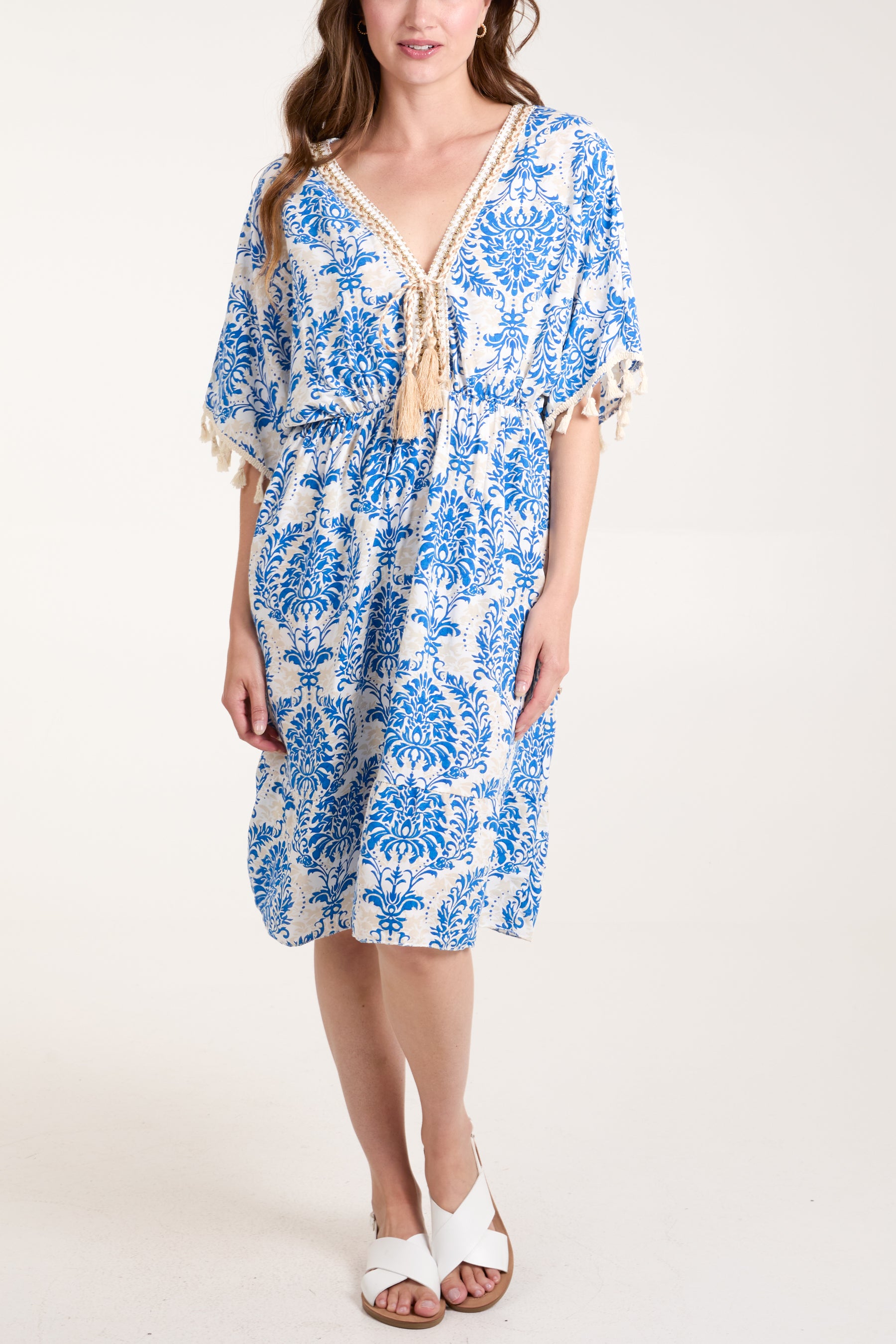 Botanical Embroidered Neck Tassels Dress