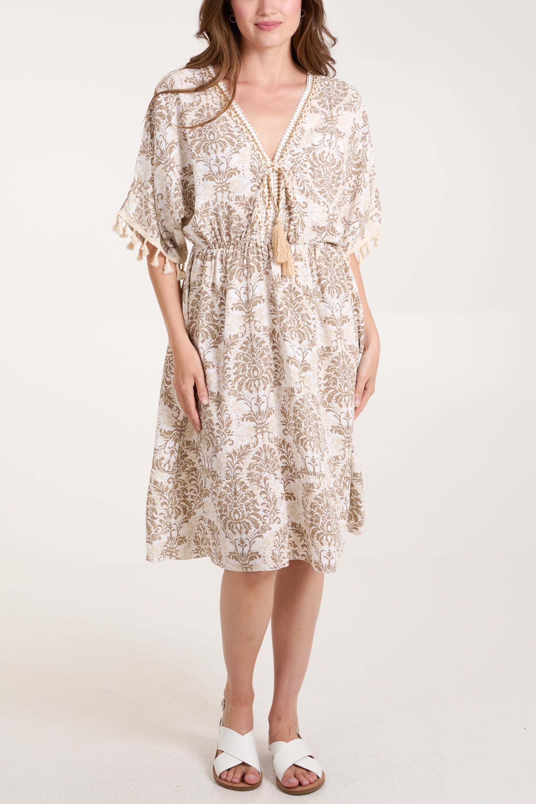 Botanical Embroidered Neck Tassels Dress