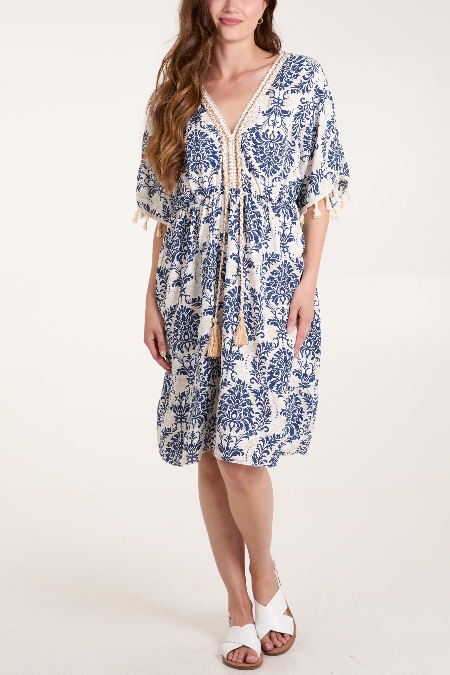 Botanical Embroidered Neck Tassels Dress