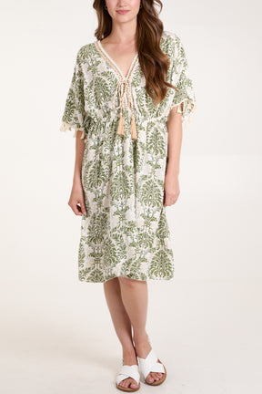 Botanical Embroidered Neck Tassels Dress