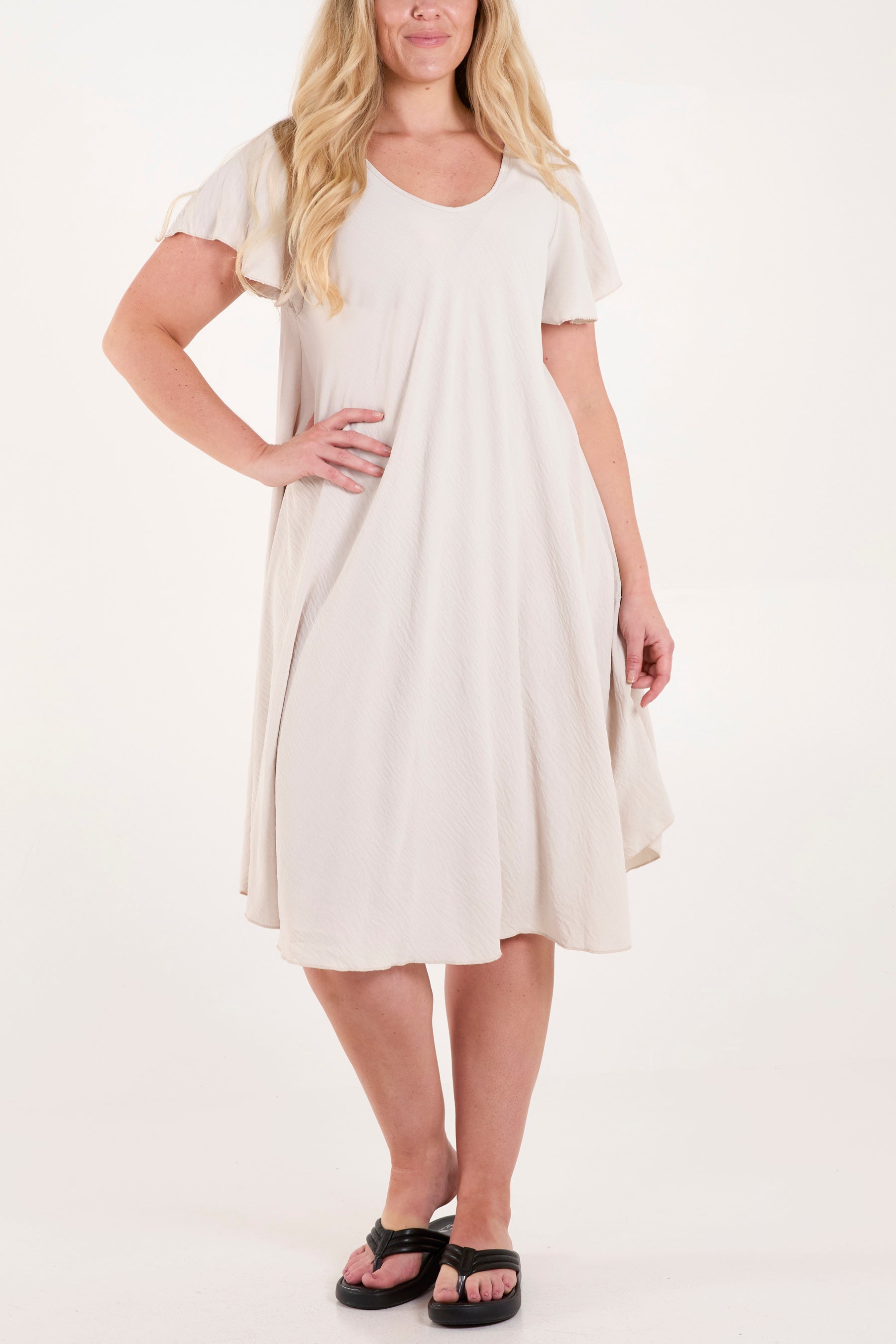 V-Neck Short Sleeve Smock Midi Dress