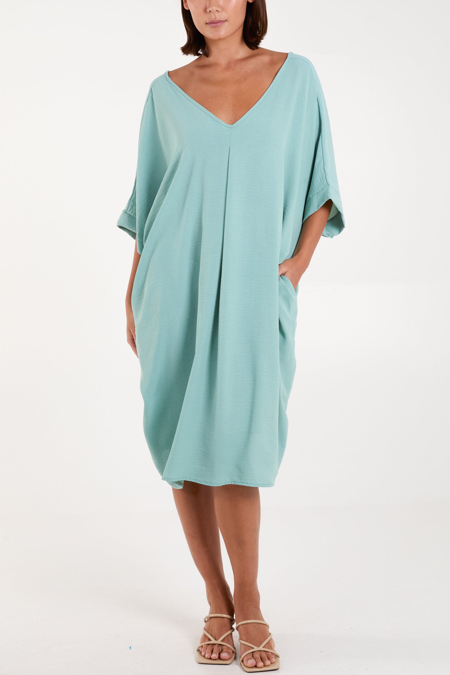 Double V-Neck Cocoon Pockets Dress