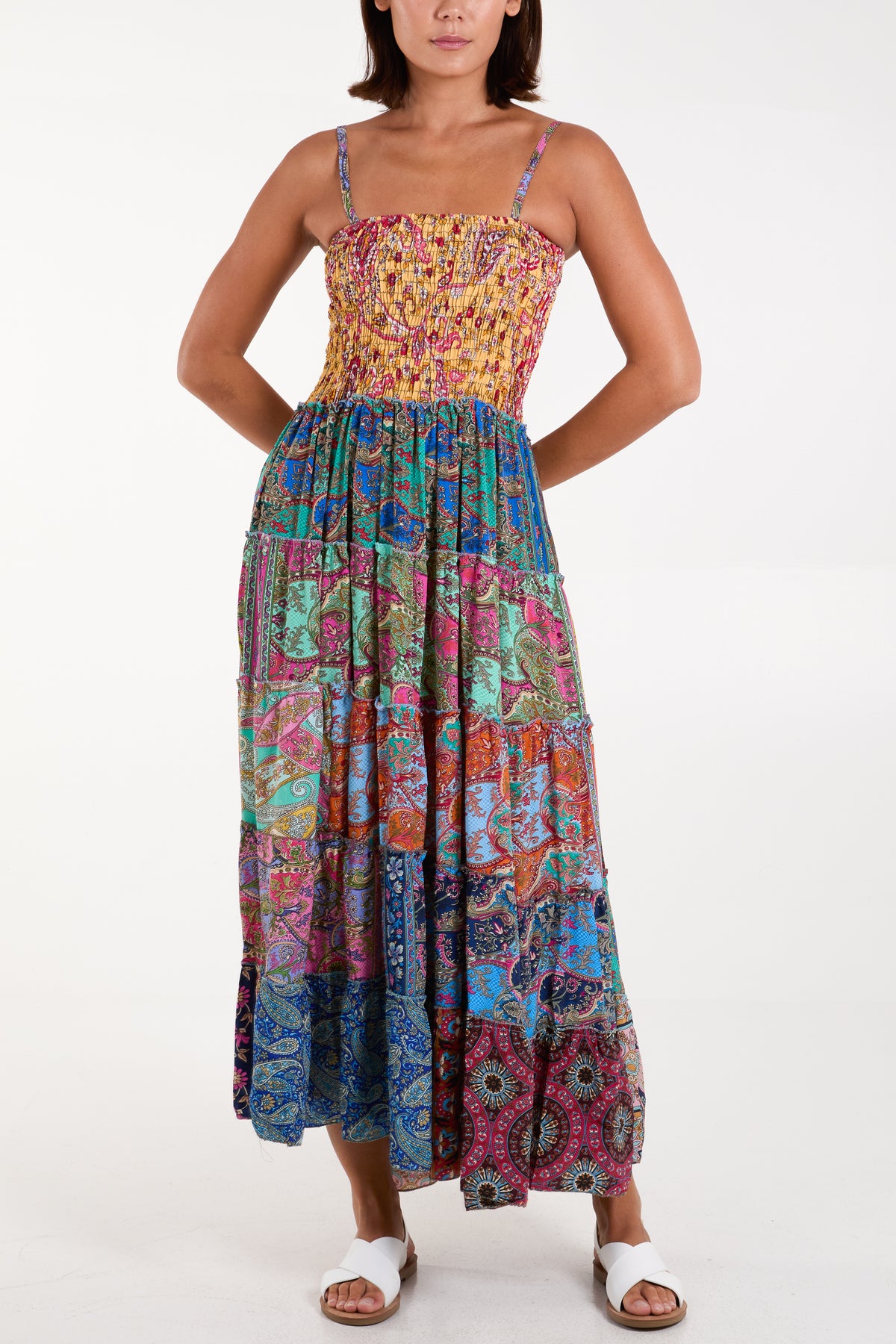 Patchwork Shirred Bodice Cami Dress