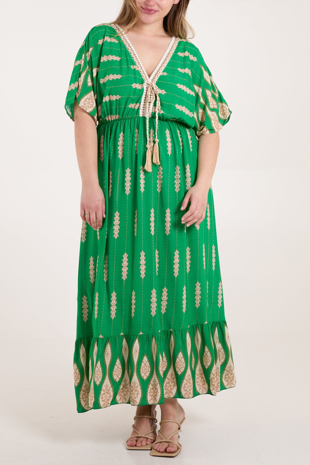 Tassels Striped Leaf Print Maxi Dress