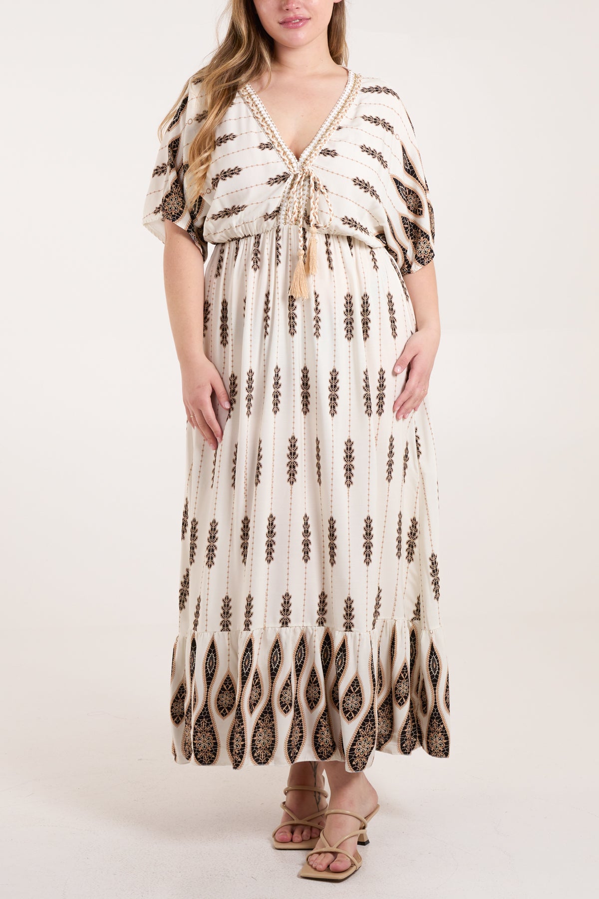 Tassels Striped Leaf Print Maxi Dress