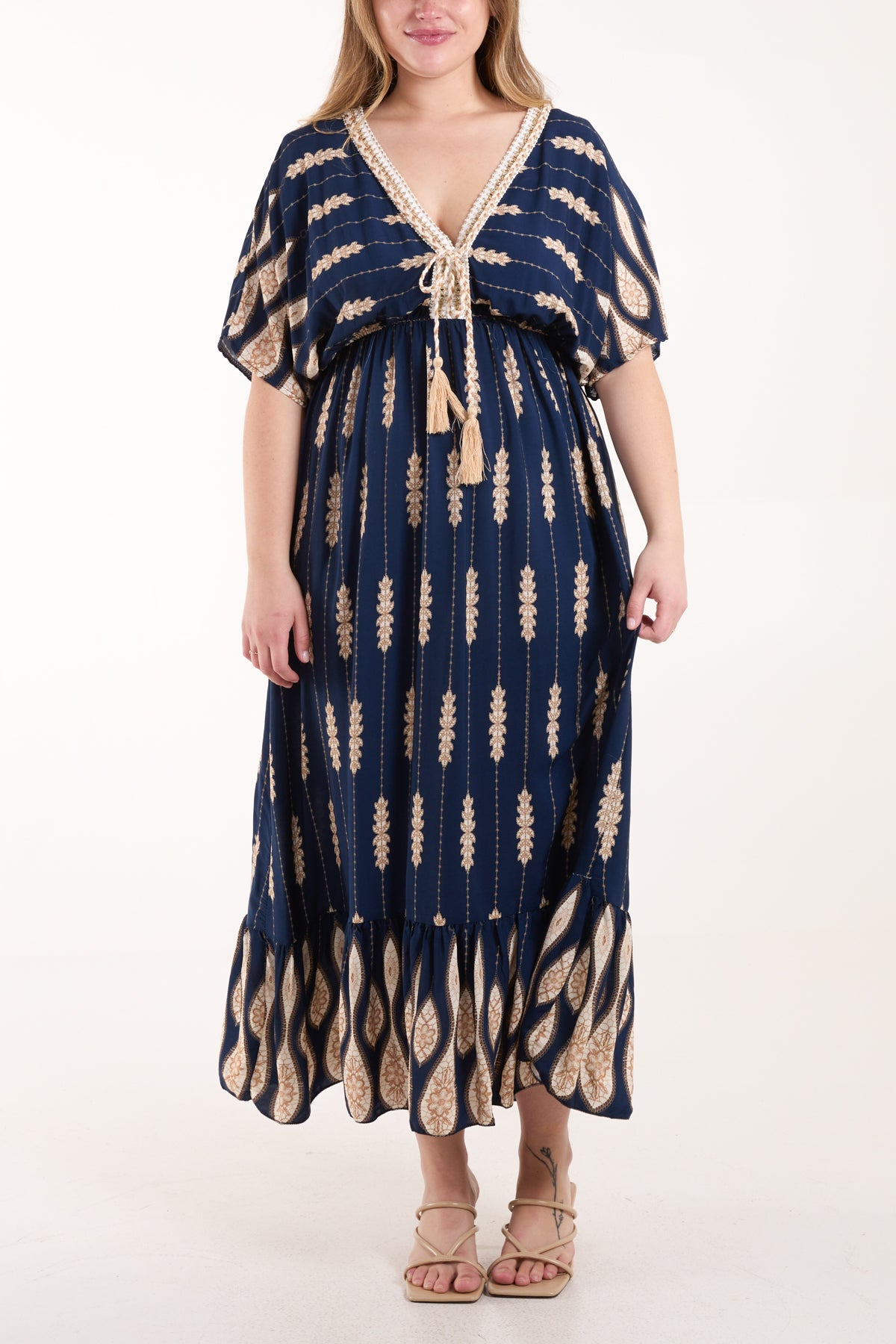 Tassels Striped Leaf Print Maxi Dress