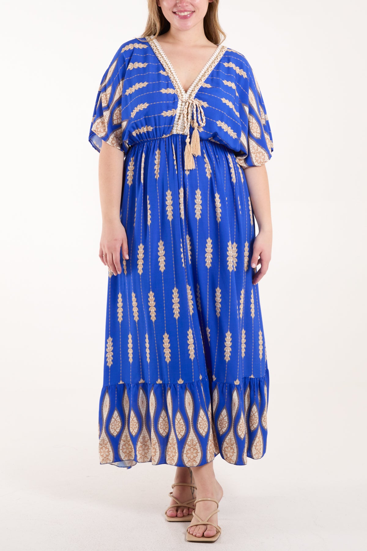 Tassels Striped Leaf Print Maxi Dress