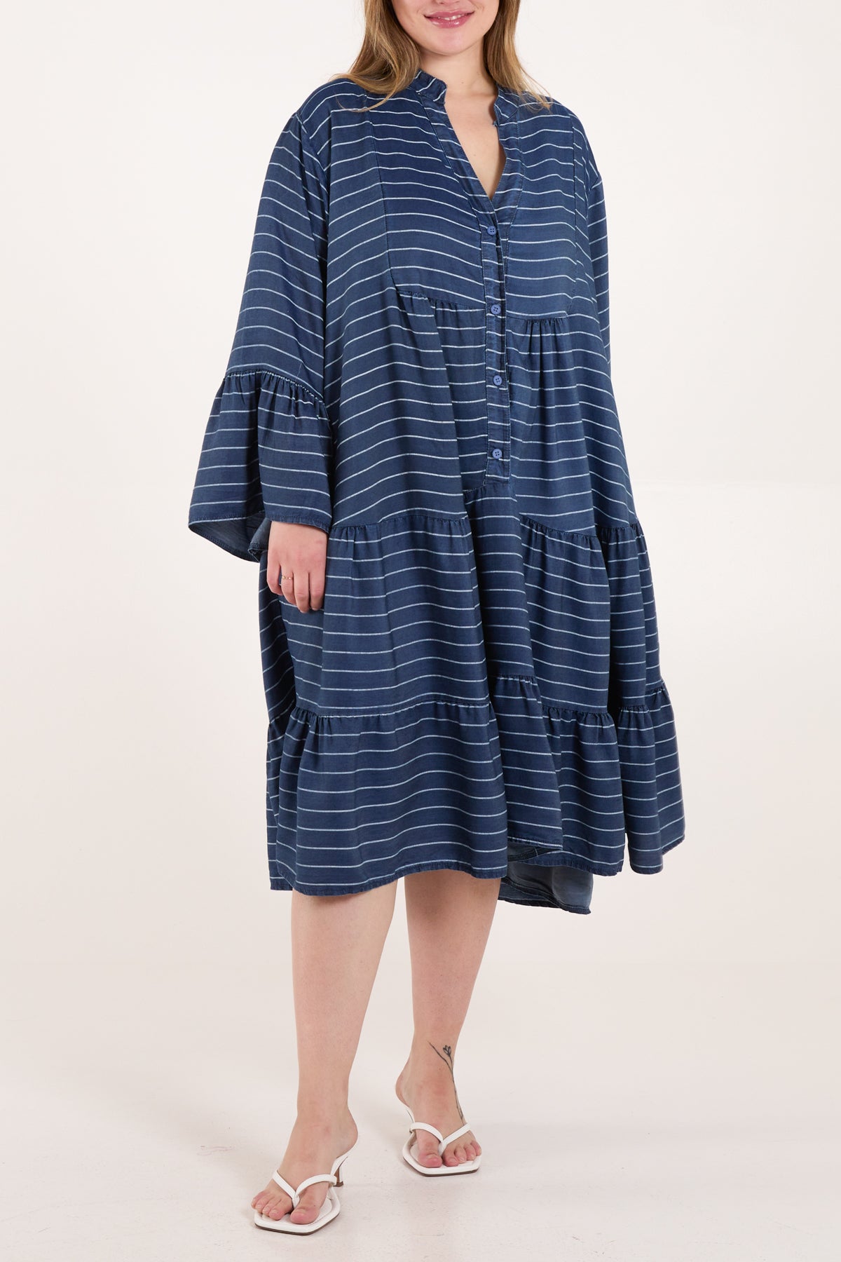 Tencel Striped Tiered Midi Dress