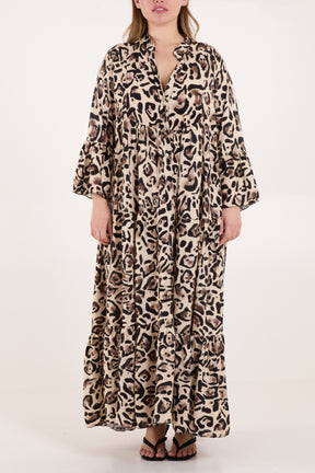 Leopard Print Tiered Shirt Maxi Dress