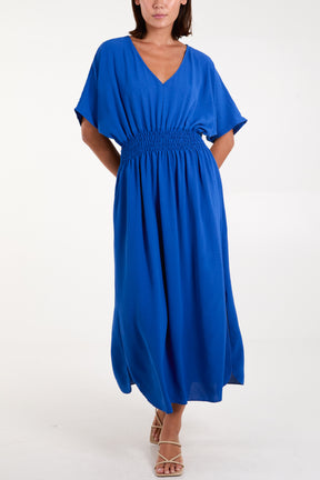 V-Neck Shirred Waist Maxi Dress