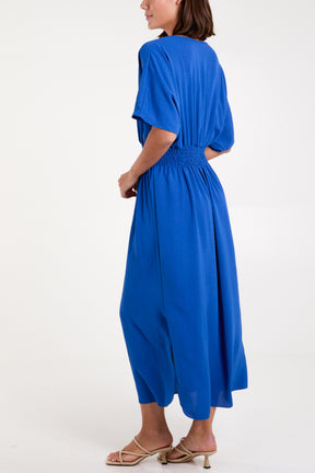 V-Neck Shirred Waist Maxi Dress