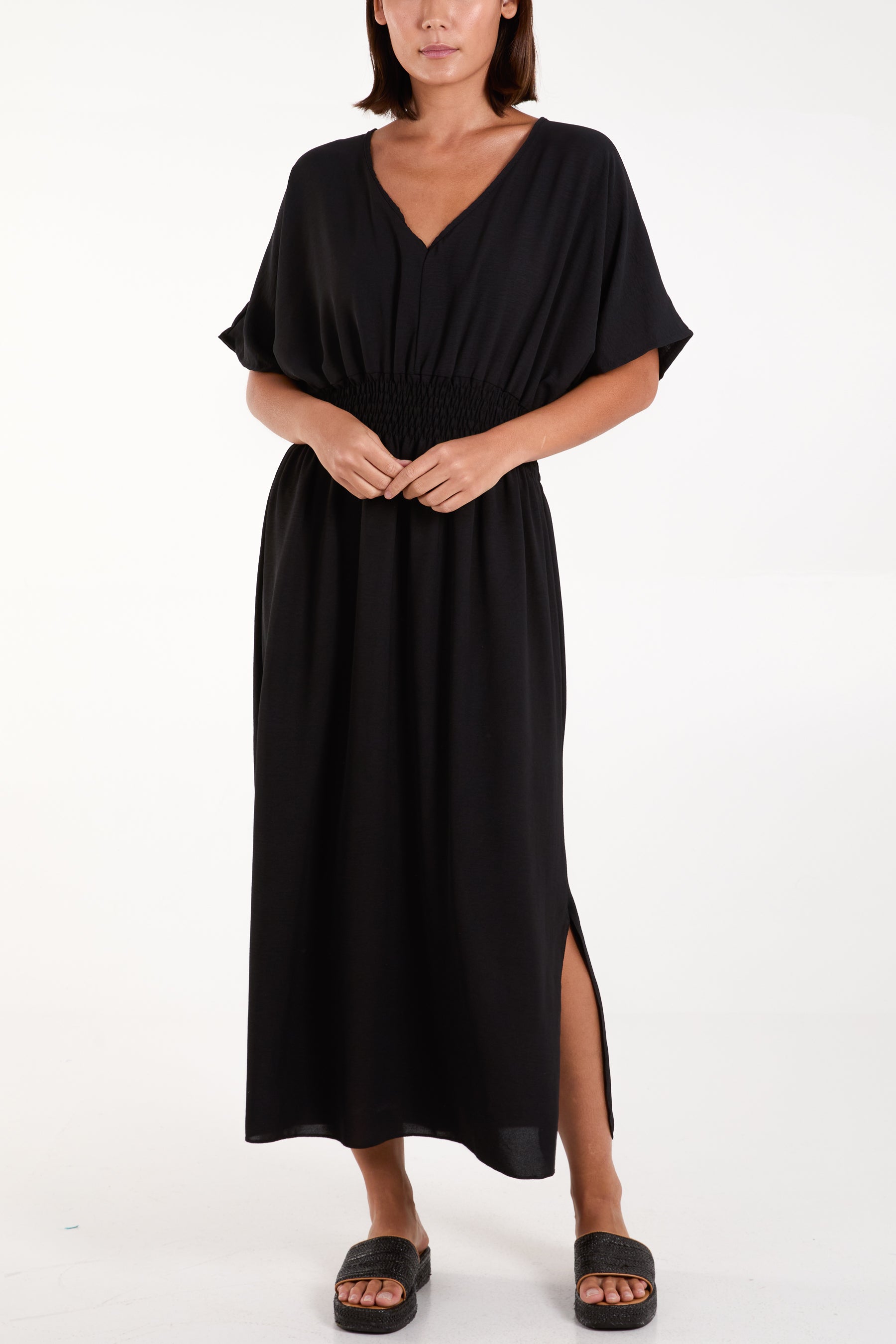 V-Neck Shirred Waist Maxi Dress