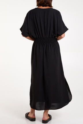 V-Neck Shirred Waist Maxi Dress