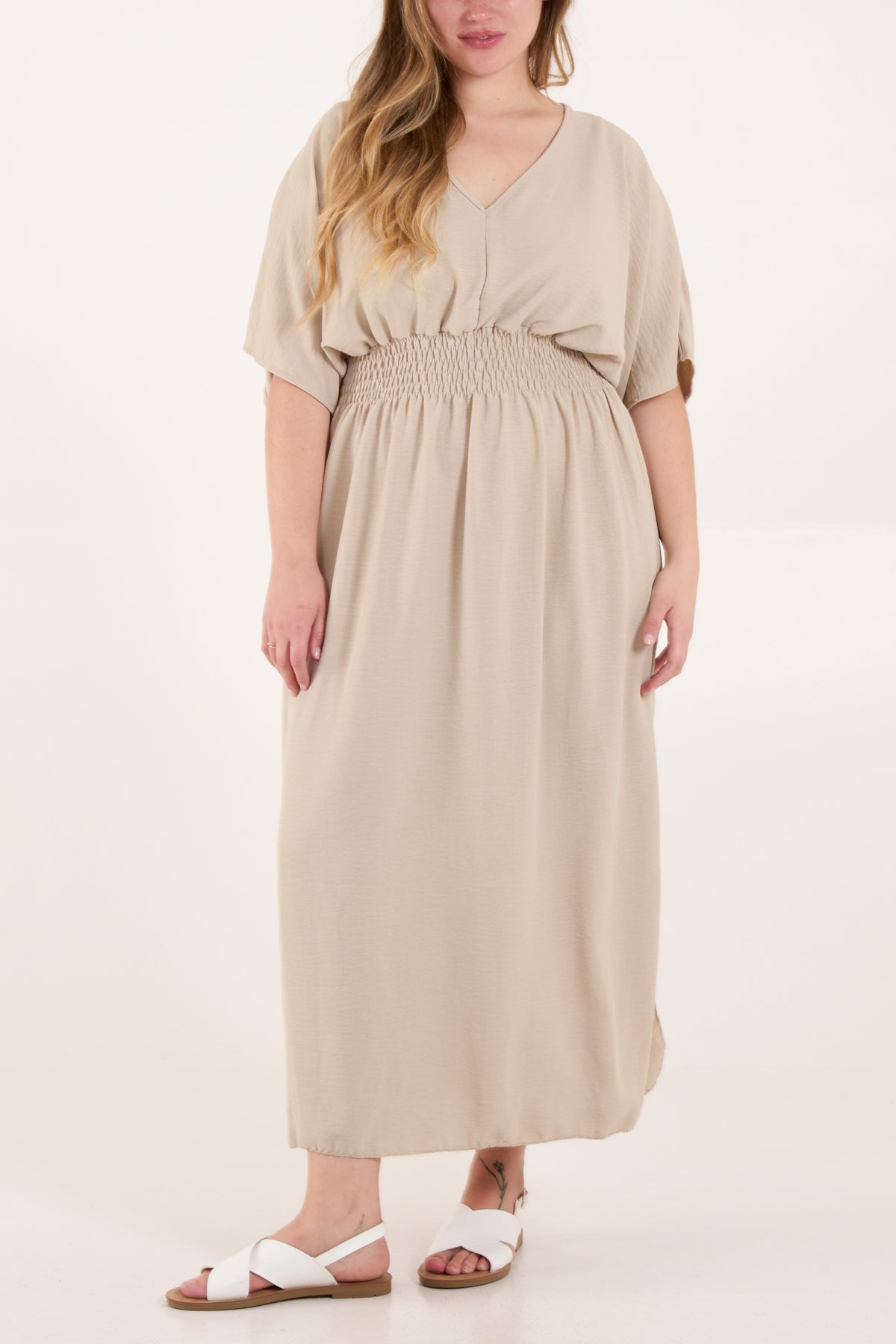 V-Neck Shirred Waist Maxi Dress