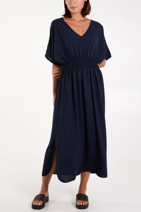 V-Neck Shirred Waist Maxi Dress