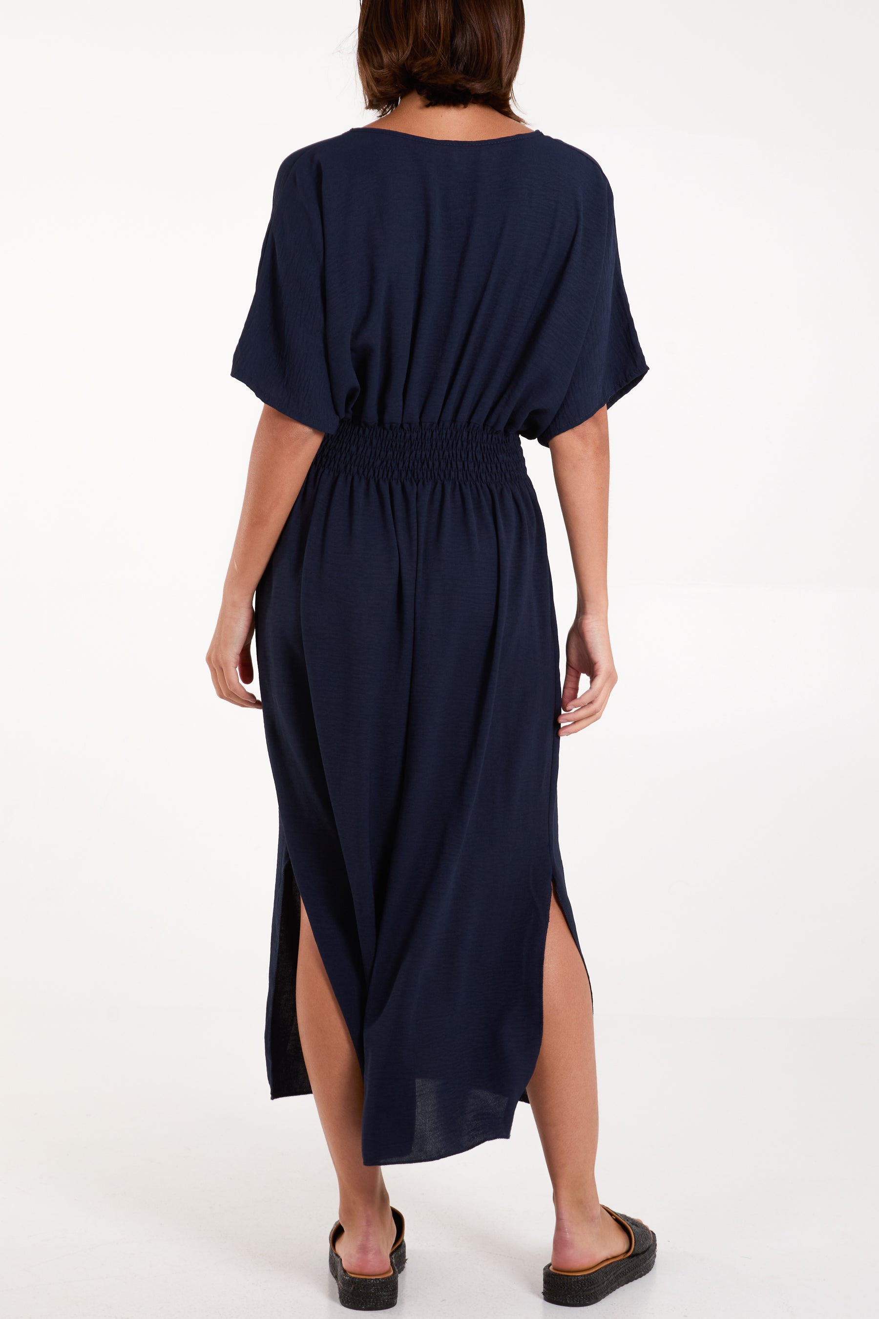 V-Neck Shirred Waist Maxi Dress