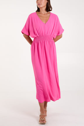 V-Neck Shirred Waist Maxi Dress