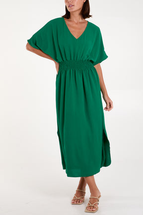 V-Neck Shirred Waist Maxi Dress