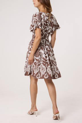 Floral Angel Sleeve Shirred Bodice Mini