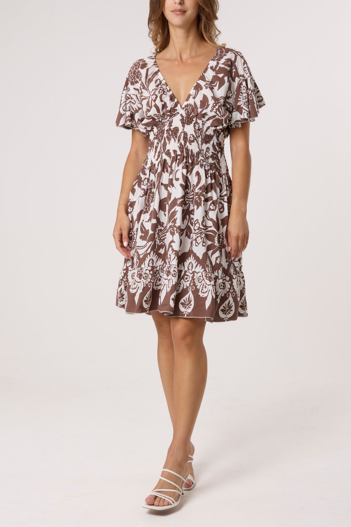 Floral Angel Sleeve Shirred Bodice Mini