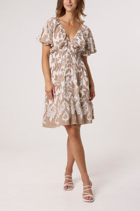 Floral Angel Sleeve Shirred Bodice Mini